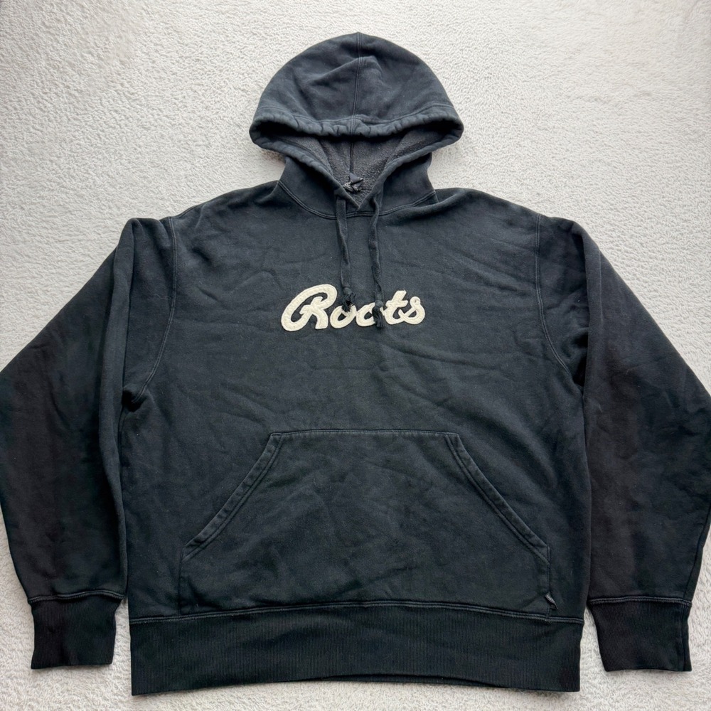Roots Athletics Men Script Logo Hoodie Black Cotton Blend Pullover M Canada Made